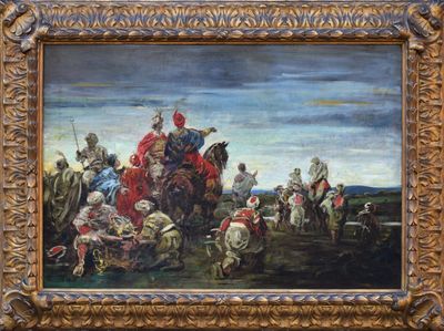 tableau représentant un groupe d'hommes à cheval dans un champ