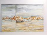 peinture représentant une scène de plage avec un bateau dans l'eau
