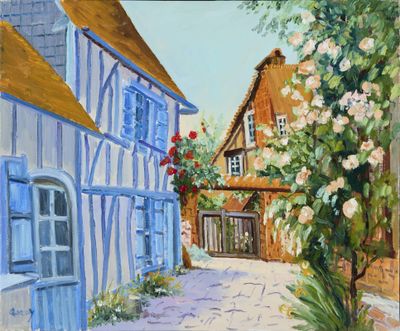une peinture représentant une peinture d'une rue dans un village