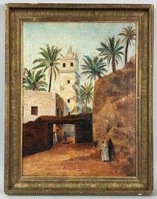 une peinture à l'huile représentant une scène de village avec un homme et une femme devant un bâtiment