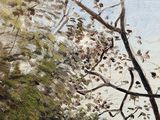 an oil painting of a bear in a wooded area by a tree