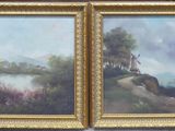 two paintings of trees and a house on a hill are hanging on a wall