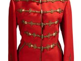 red military jacket with gold buttons on a mannequin base
