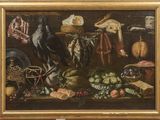 an image of a painting of a still life with a bird and vegetables