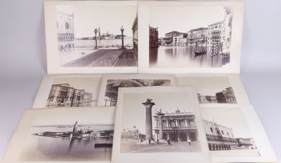 several old black and white photographs of a city with a clock tower
