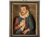 un vieux tableau représentant un homme tenant un morceau de tissu