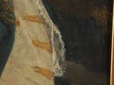 painting of a woman in a blue coat and white dress