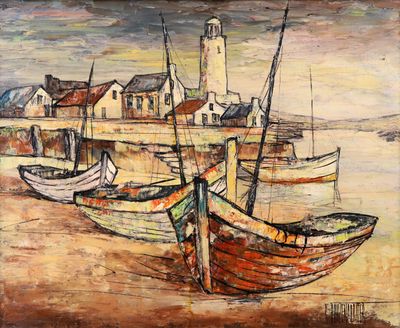 tableau représentant des bateaux dans un port, avec un phare en arrière-plan