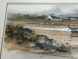 a picture of a painting of a boat on the beach