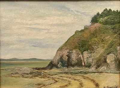 une photo d'un tableau représentant une plage rocheuse