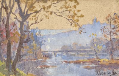 an image of a painting of a river with a bridge in the background