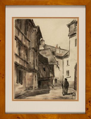 an image of a drawing of a man walking down a street