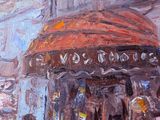 an oil painting of a store front with a red awning