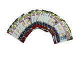 a fan of pokemon playing cards on a white background