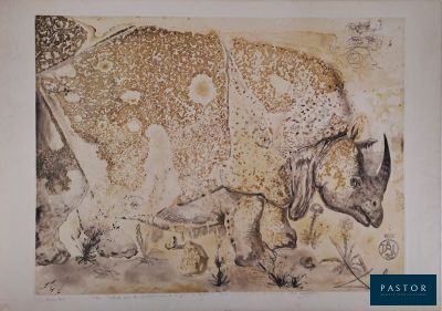 une image représentant un tableau sur lequel figurent un rhinocéros et son petit