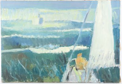 an oil painting of a sailboat in the ocean with a sailboat in the background