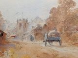 a painting of a horse and buggy on a dirt road