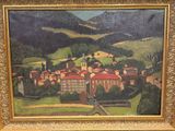une peinture à l'huile représentant une petite ville située dans une région montagneuse