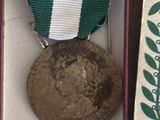 une médaille dans une boîte, entourée d'un ruban