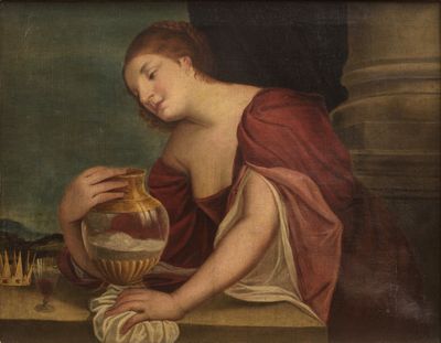 a painting of a woman holding a bowl of water