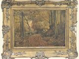 an image of a painting of a wooded scene with a man and a dog