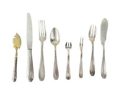 five forks, a knife, and a spoon on a white surface