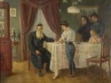 tableau représentant deux hommes assis à une table dans une pièce où se trouve un groupe de personnes
