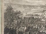 a large group of people riding horses in a field