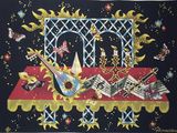 peinture représentant un instrument de musique posé sur une table, avec des notes de musique et des étoiles