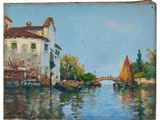 tableau représentant un canal avec des bateaux et des bâtiments en arrière-plan
