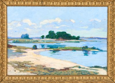 une image représentant un tableau d'une plage avec un bateau dans l'eau