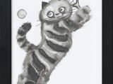 tableau représentant un chat jouant au tennis avec une balle et une raquette