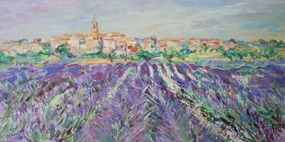 a painting of a lavender field with buildings in the background