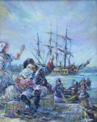 tableau représentant un groupe de personnes sur une plage, avec un bateau en arrière-plan