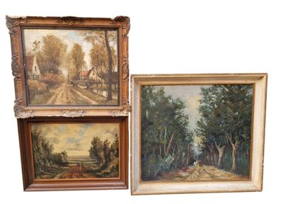 trois tableaux encadrés représentant une route de campagne et un paysage boisé