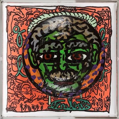 an image of a painting of a man ' s face on an orange background