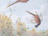 painting of two pheasants flying in the sky above a bush