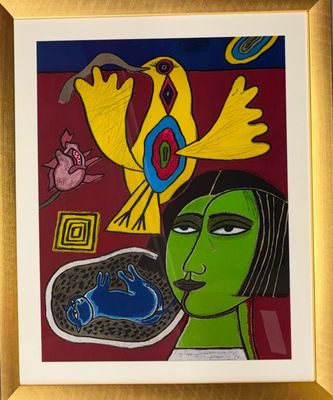 une image d'une peinture représentant une femme avec un oiseau sur la tête