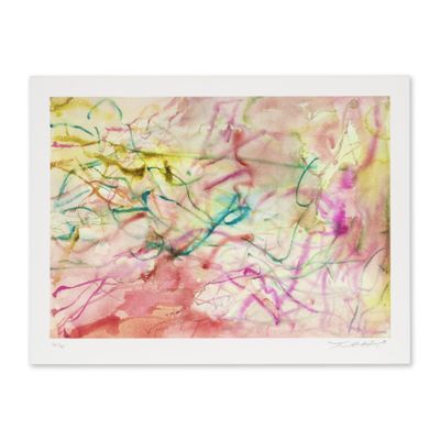 une peinture abstraite réalisée à l'aide de peinture rose, jaune et verte sur fond blanc