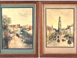 two paintings of a city street with a clock tower in the background
