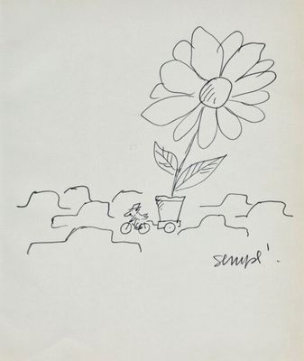 drawing of a flower in a vase with a bike in the background