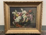 une peinture à l'huile représentant des fleurs dans un vase sur une table