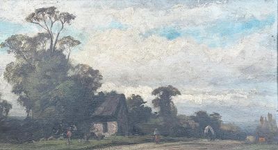 peinture représentant un paysage rural avec une maison et des vaches au premier plan