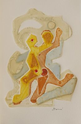 a drawing of a man and a woman running together