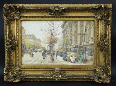une peinture représentant une scène de rue avec des personnes marchant dans la rue