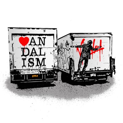 tableau représentant un homme debout sur un camion recouvert de graffitis