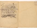 an old book with a drawing of a building and a bridge