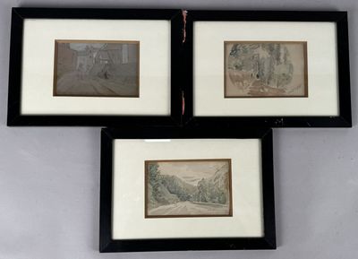 three framed pictures of a couple of people walking down a street