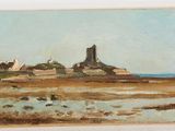 l'image d'un tableau représentant un paysage avec un château au loin