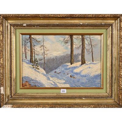 une peinture d'un paysage enneigé avec des arbres au premier plan